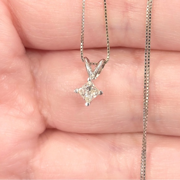 Vintage 14K White Gold Diamond Solitaire Necklace: Princess Cut Dainty Pendant - Picture 5 of 11